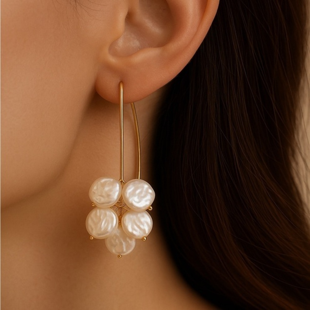 Elegant Gold Drop Earrings with Clustered Baroque Pearls – 6cm Long Hook‎ Design